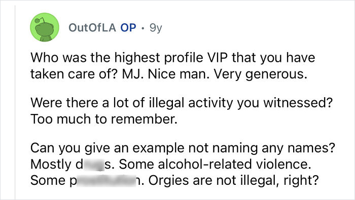 Screenshot of an online Q&A where a celebrity bodyguard discusses protecting VIPs and witnessing illegal activities.