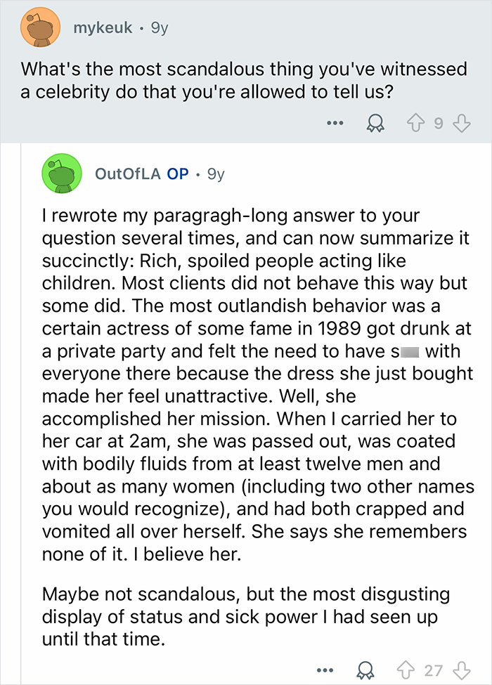Reddit user sharing scandalous celebrity behavior witnessed while working as a celebrity bodyguard in a detailed comment.