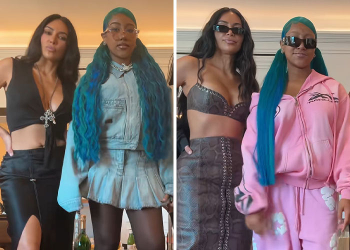 Kim Kardashian and a woman with blue hair posing in fashionable outfits, related to dermal piercing news.