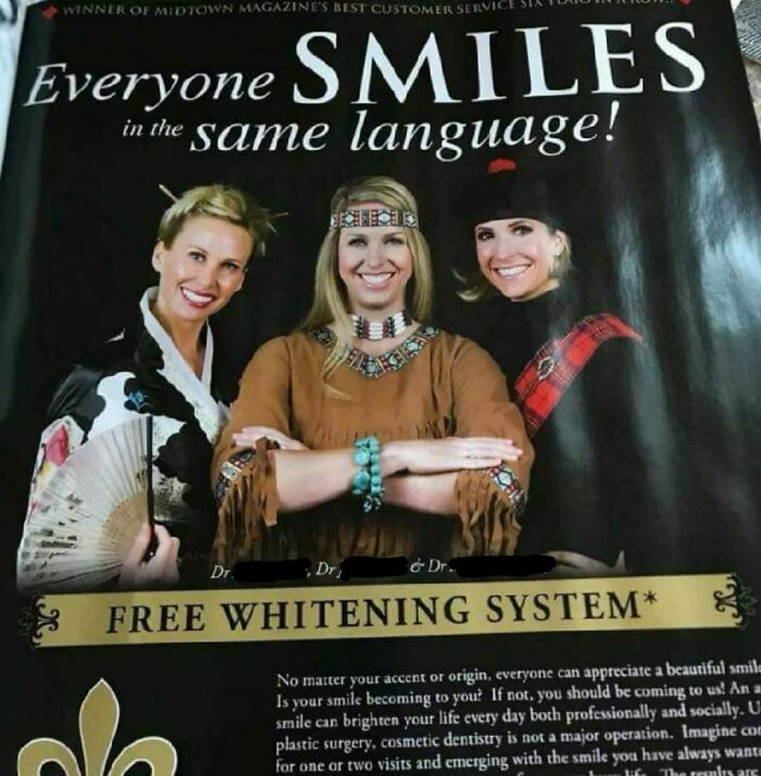 Advertisement showing three women in culturally insensitive costumes promoting a teeth whitening system, a social media fail.