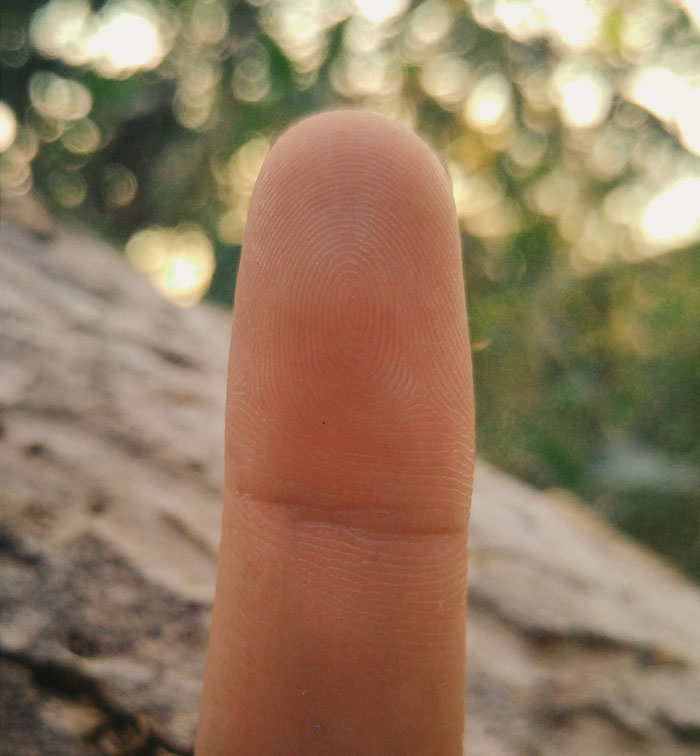 Close-up of a finger with visible fingerprints, symbolizing security guards and creepy incidents they encounter on the job.