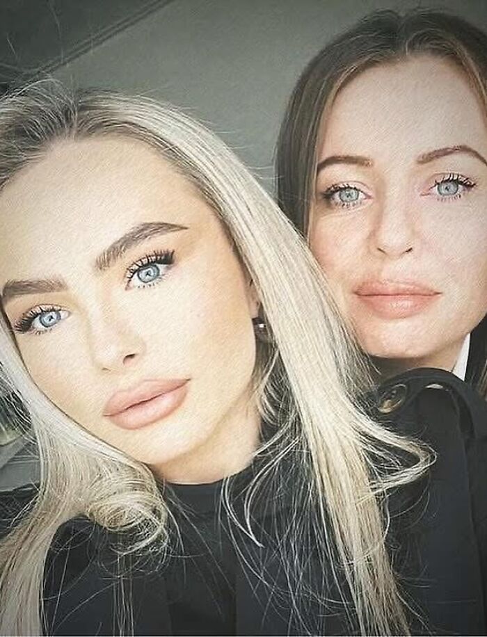 Glamorous law student with blonde hair and blue eyes posing closely with her heartbroken mother in a somber setting.