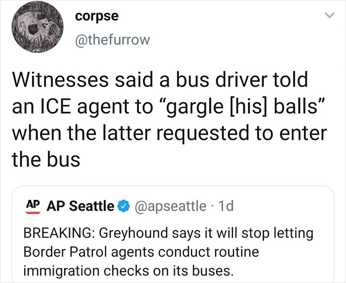 Screenshot of a courageous tweet about a bus driver refusing ICE agent entry, shared in a popular Twitter thread.
