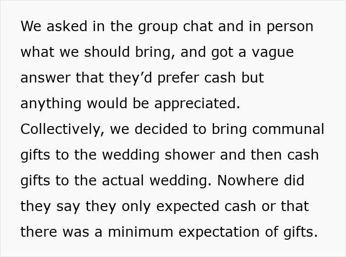Text discussing vague gift expectations in a group chat leading to bride demanding money over cheap wedding shower gifts.