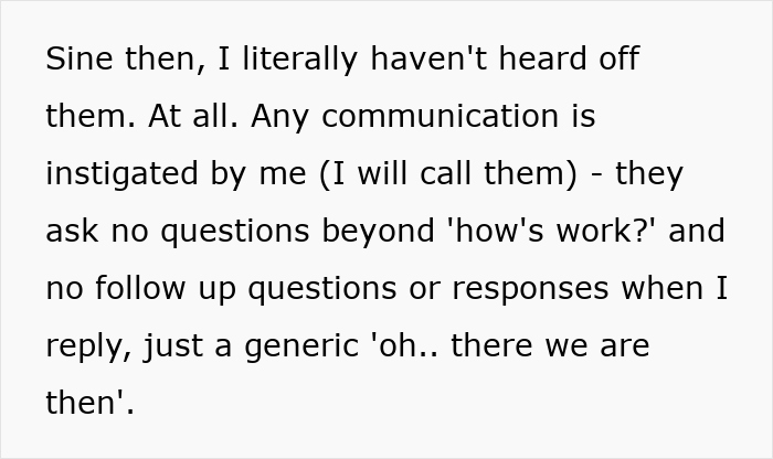 Text excerpt showing lack of communication and a heartbroken daughter feeling ignored as parents prefer watching TV all day.