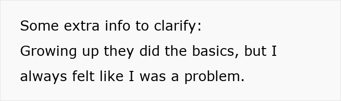 Text on screen reading Some extra info to clarify: Growing up they did the basics, but I always felt like I was a problem about daughter heartbroken as parents prefer watching TV.