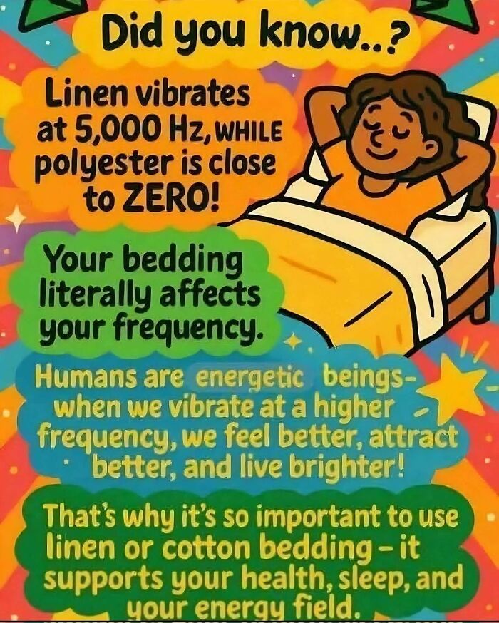 Colorful infographic about bedding effects on frequency, illustrating a person sleeping with text on vibrations and energy in modern society.