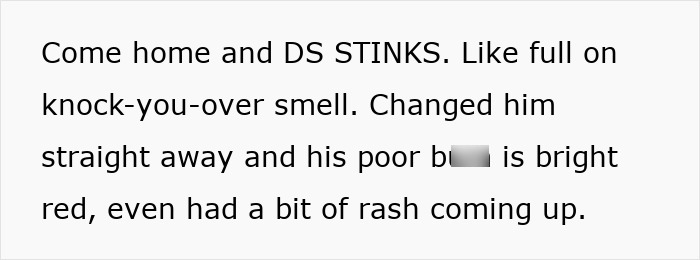 Text showing a parent's complaint about forgetting to change a diaper, causing a red rash on the baby.