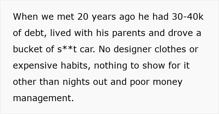 Text excerpt discussing a husband&rsquo;s large debt from years ago, highlighting poor money management and secret financial struggles.