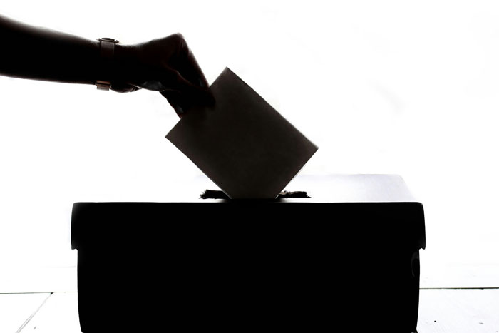 Silhouette of a hand placing a ballot into a box representing the collapse of common sense in group decision making.