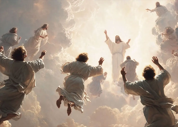 A depiction of people rising into the clouds surrounded by light, illustrating themes related to RaptureTok and belief.