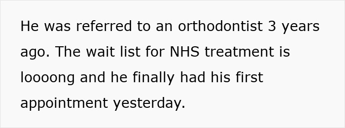 Text on a white background describing an autistic kid’s wait for NHS orthodontist treatment and first appointment details. Text on a white background describing an autistic kid’s wait for NHS orthodontist treatment and first appointment details.