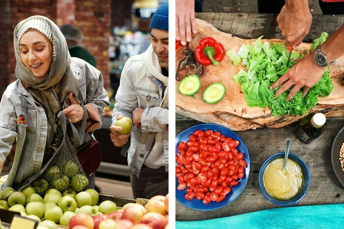 Two people shopping for apples and preparing fresh vegetables, illustrating everyday adulting skills at home.