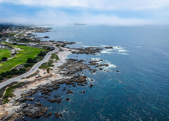 Aerial view of California coastline where a $20K reward is offered after a man harmed a sea lion.