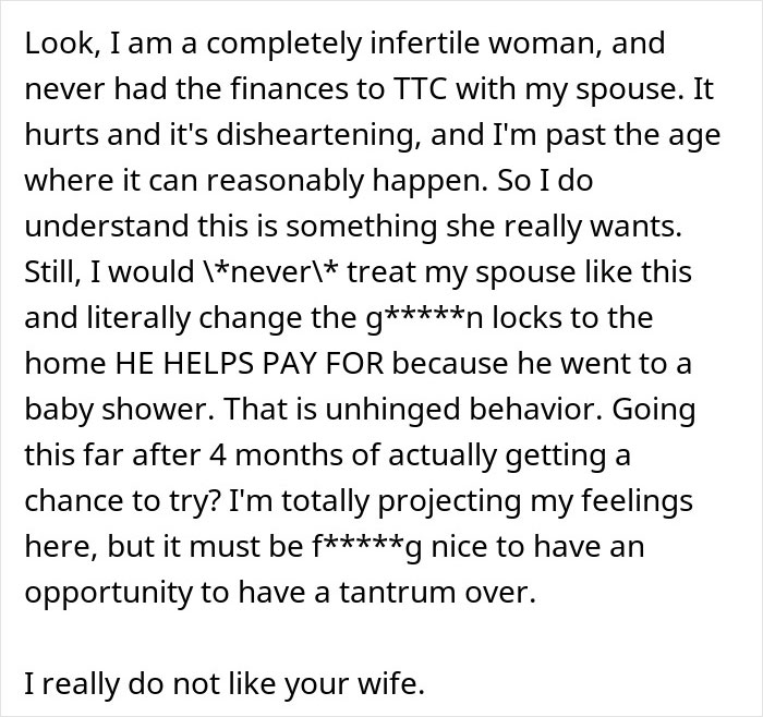 Wife&rsquo;s reaction to husband attending sister&rsquo;s baby shower causes emotional distress and need for therapy after conflict.