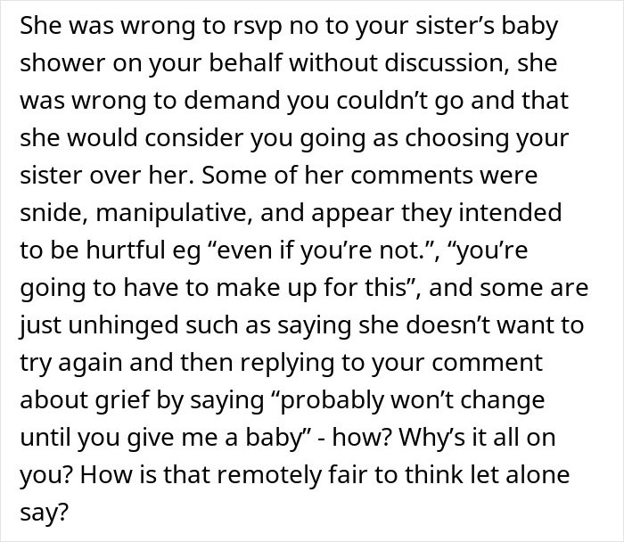 Text discussing a wife&rsquo;s reaction to her husband attending his sister&rsquo;s baby shower and its emotional impact on him.