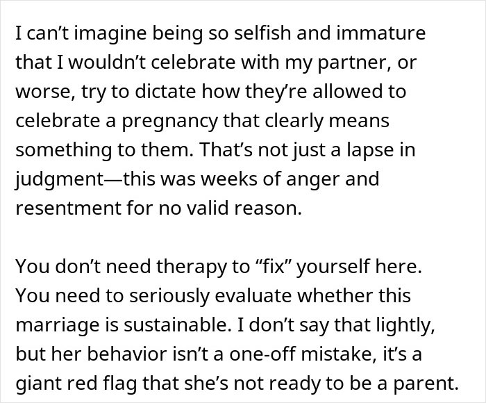 Text excerpt discussing a wife&rsquo;s reaction and anger over her husband attending his sister&rsquo;s baby shower, highlighting relationship therapy need.