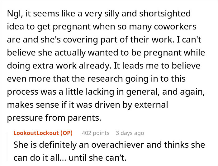 Text post discussing skepticism about pregnancy timing and external pressure, related to wife&rsquo;s reaction to husband attending sister&rsquo;s baby shower.