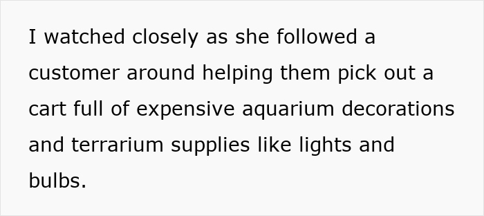 Employee observing pet store manager selecting aquarium decorations and terrarium supplies, uncovering defraud of $3500.
