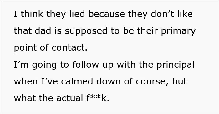 Text message expressing a mom’s frustration after school called her instead of her husband as primary contact. Text message expressing a mom’s frustration after school called her instead of her husband as primary contact.