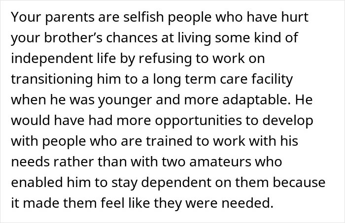 Text discussing parents expecting their son to care for autistic brother, impacting independence and long-term care options.