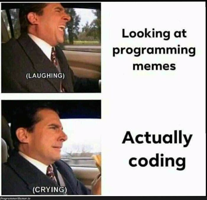 Man laughing and then crying in a car, contrasting reactions to funny programmer memes versus actually coding.