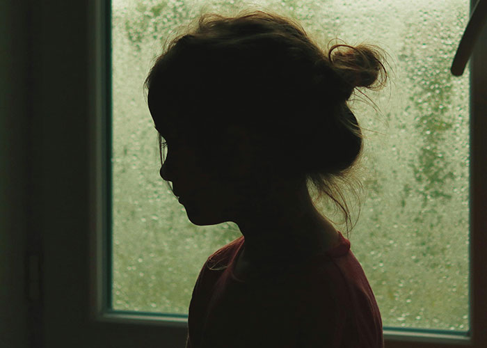 Silhouetted girl with hair tied up standing by a foggy window, evoking a sense of terrifying true stories atmosphere.