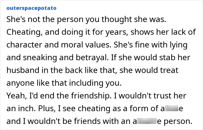 Commenter discussing a woman&rsquo;s hidden affairs exposed after years and the best friend struggling to trust her anymore.
