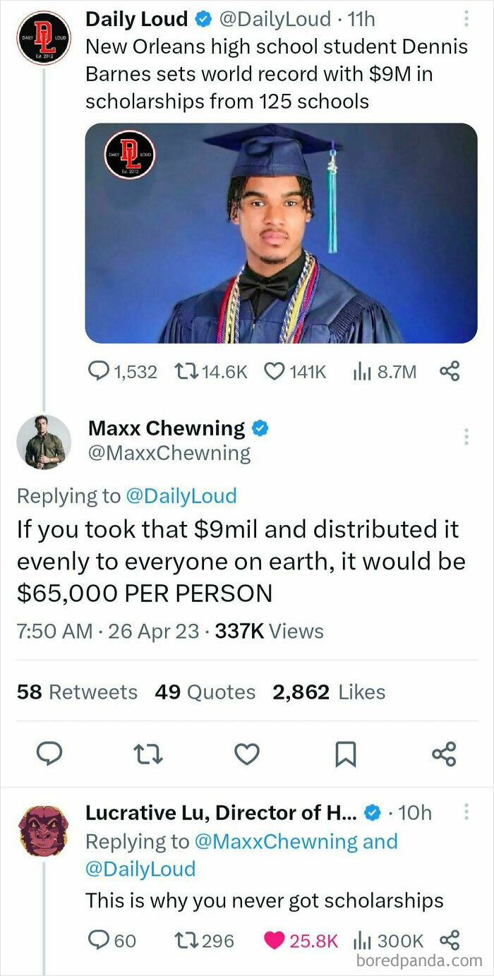 Screenshot of tweet conversation featuring a New Orleans student and fitness influencer Maxx Chewning commenting on scholarships.
