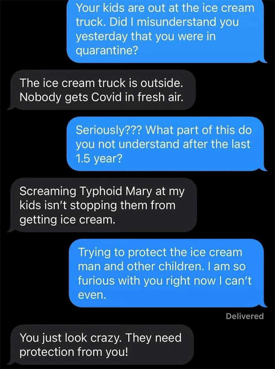Text message conversation about kids at an ice cream truck, highlighting concerns about health and protection outdoors.