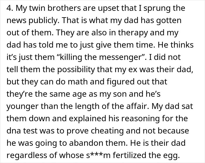 Text excerpt discussing family reactions and DNA testing after a woman catches her mom sleeping with her husband and exposes a 22-year affair.