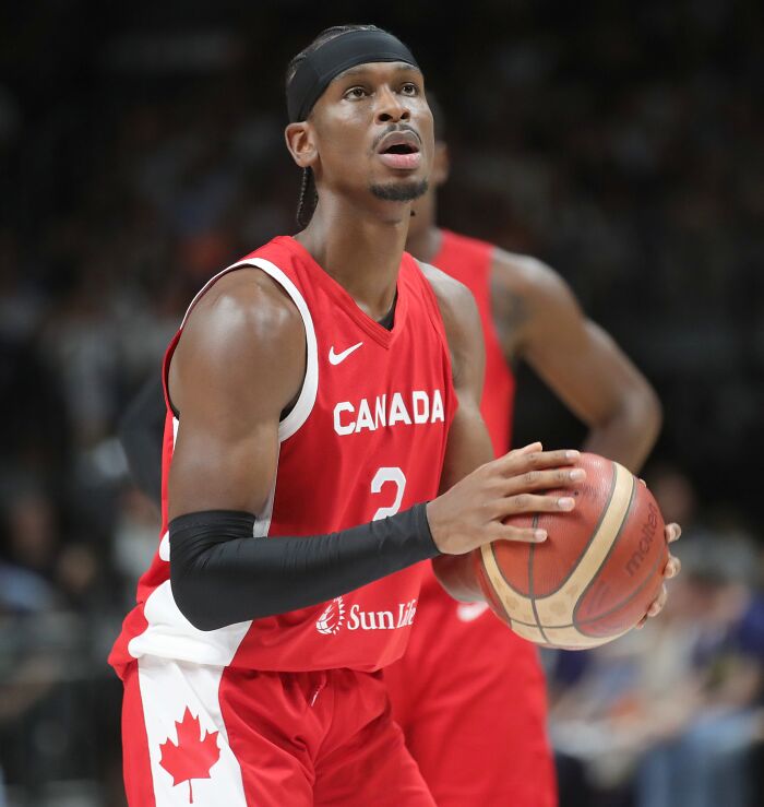 Basketball player from Canada in red jersey preparing to shoot during game showcasing highest paid athletes 2025.