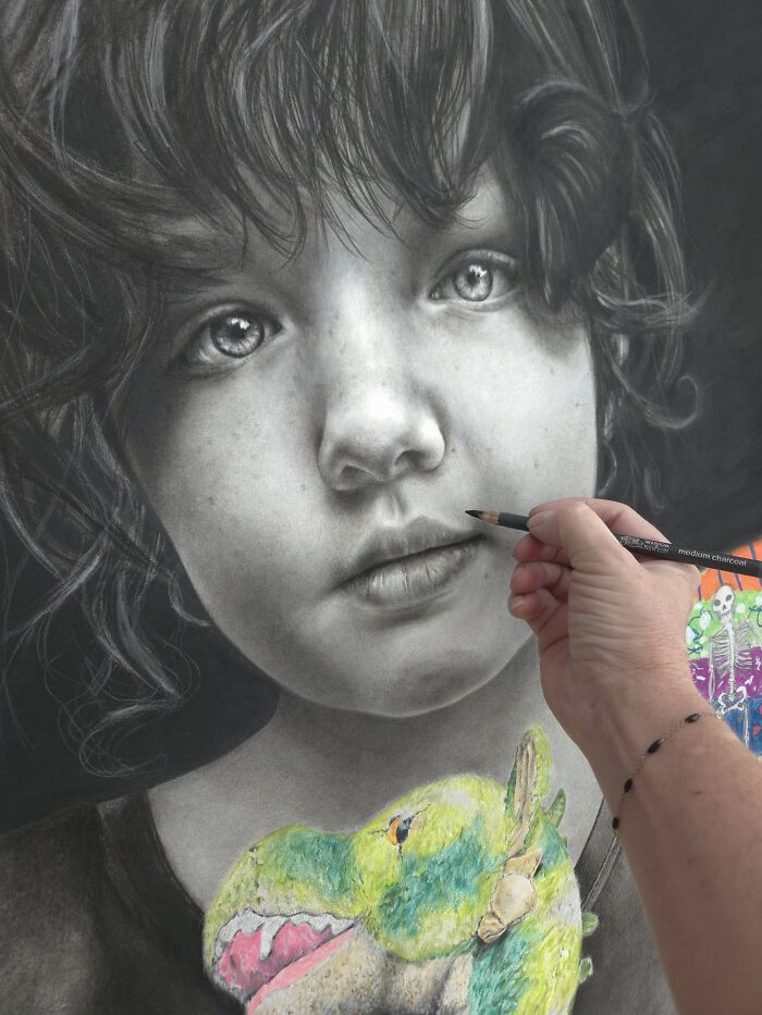 My Daughter Crashed My Huge Charcoal Drawing, And Made It Way Better