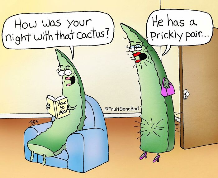 Two animated pods in a twisted fruit gone bad comic, one reading a book on healing, the other with a prickly pair joke.