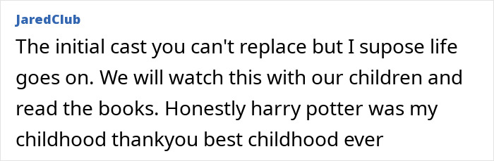 Fan comment about Harry Potter and the Cursed Child trailer, expressing nostalgia and love for the original cast.