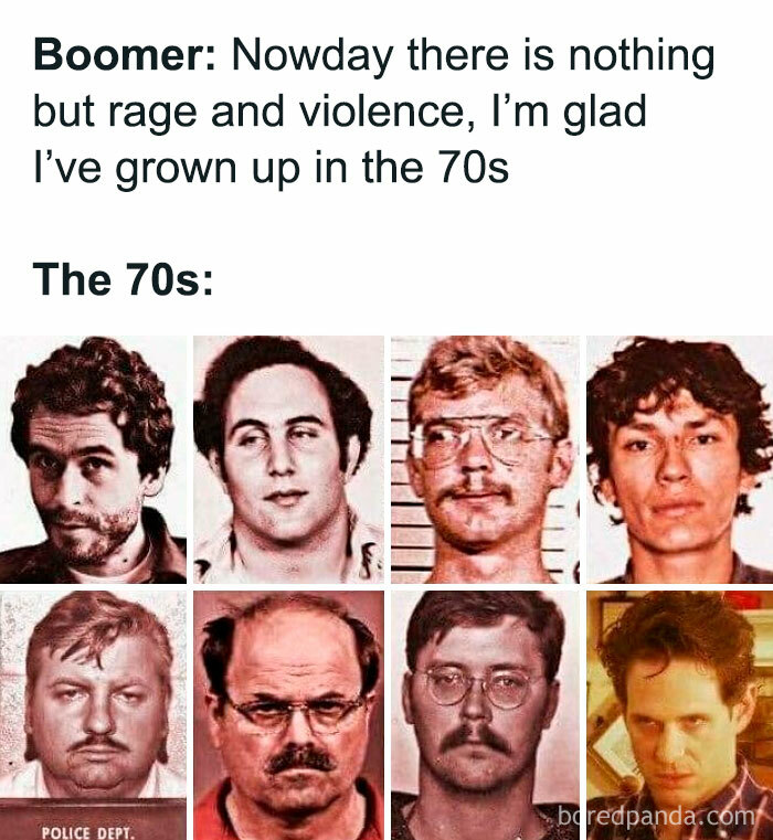 Mugshots of notorious true crime figures from the 70s highlighting dark humor for true crime meme lovers.
