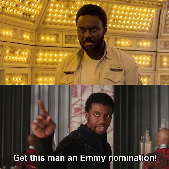Two Marvel characters in different scenes, one pointing and captioned about an Emmy nomination in Marvel memes.