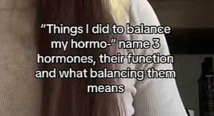 Text overlay on a woman with long hair wearing a light sweater reading things I did to balance hormones for fitness influencers.