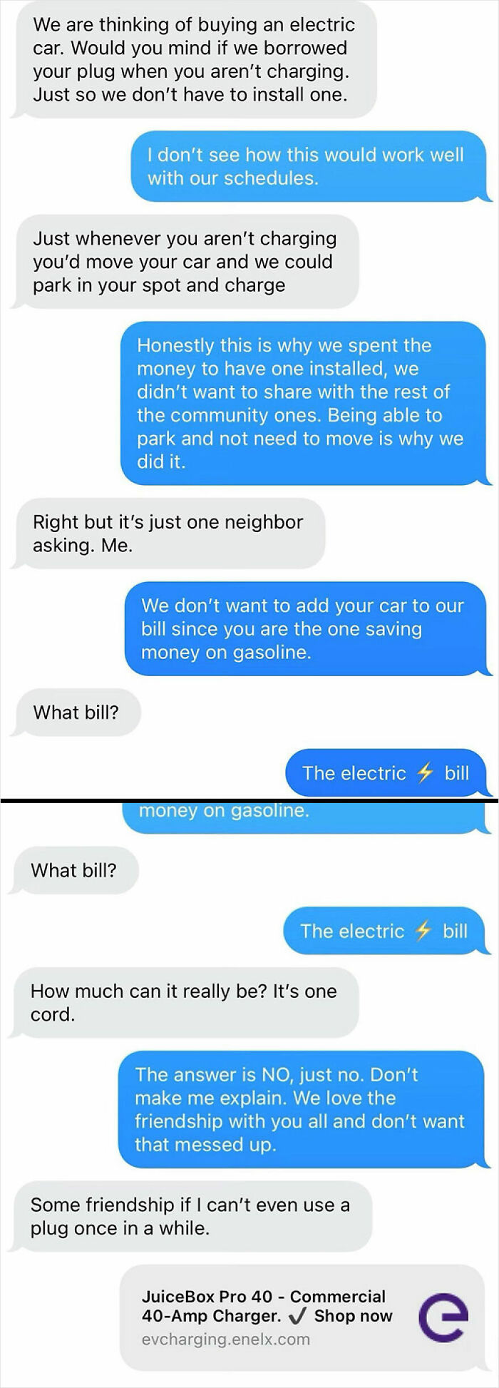 Text messages show an unbearable neighbor demanding to borrow an electric car charger, sparking tension over sharing costs.