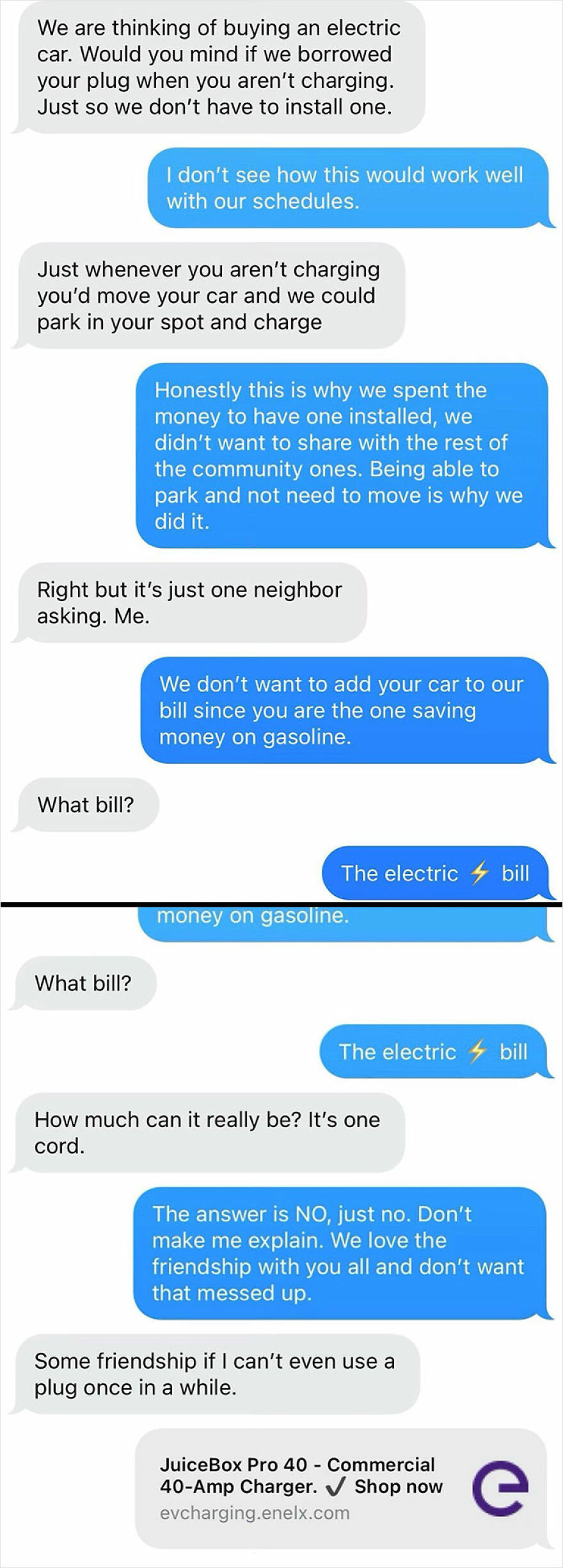 Text message exchange about electric car charging and neighbor disputes in a remote community with no neighbors.