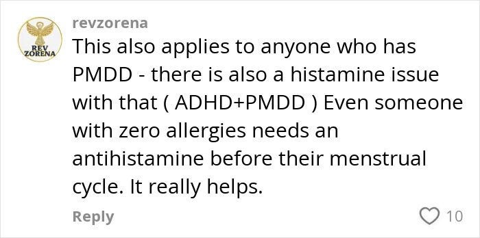 Comment explaining how antihistamines can help PMDD symptoms, related to solving medical mystery after multiple doctors failed. Comment explaining how antihistamines can help PMDD symptoms, related to solving medical mystery after multiple doctors failed.