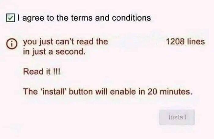 Checkbox agreeing to long terms and conditions with 1208 lines, humor reflecting programmer memes created when not coding.