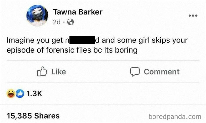 Social media post about skipping an episode of forensic files, related to true crime memes for binge watchers.