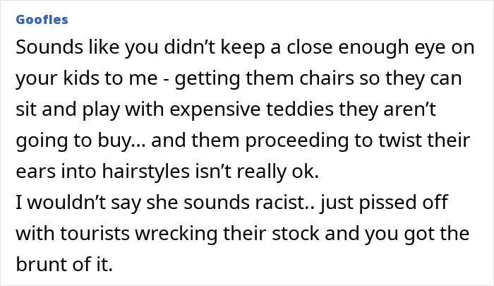 Comment discussing British woman losing patience and being lectured on parenting by French shop owner during holiday. Comment discussing British woman losing patience and being lectured on parenting by French shop owner during holiday.