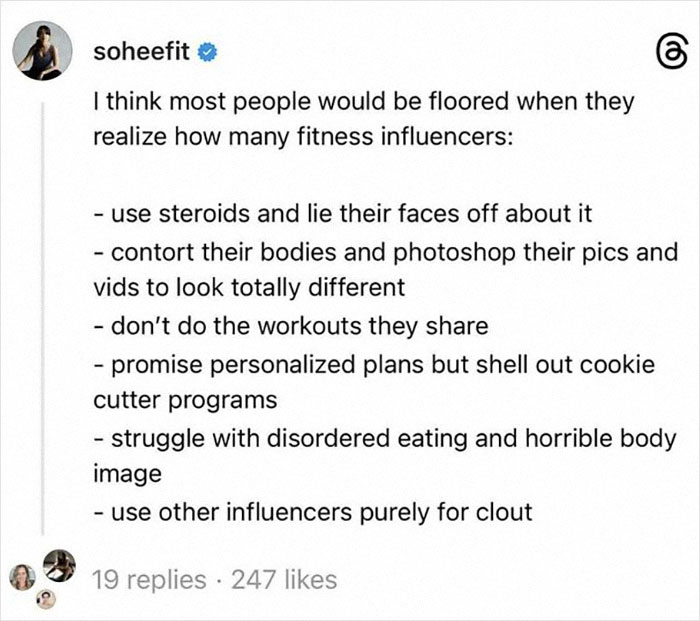 Fitness influencer soheefit criticizes common dishonest behaviors of fitness influencers in the gym and online fitness industry.