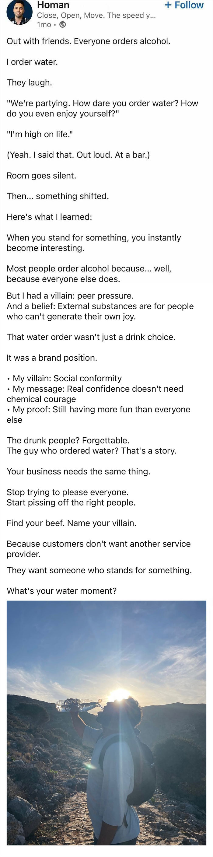Person drinking water outdoors with backpack at sunset, illustrating hustle culture and losing touch with real life.