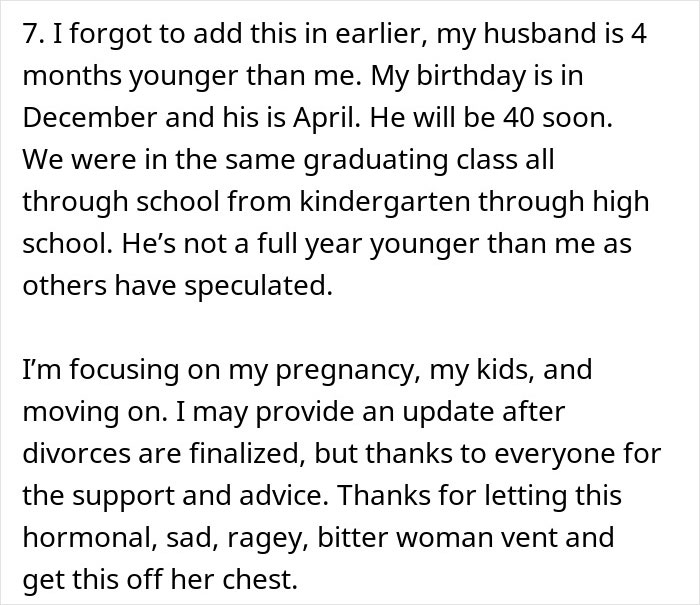 Text excerpt from a woman explaining her husband&rsquo;s age and focusing on her pregnancy while addressing a 22-year affair scandal.