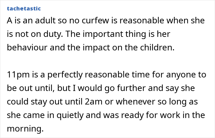 Screenshot of an online discussion about a live-in nanny placed under a curfew on her nights off.
