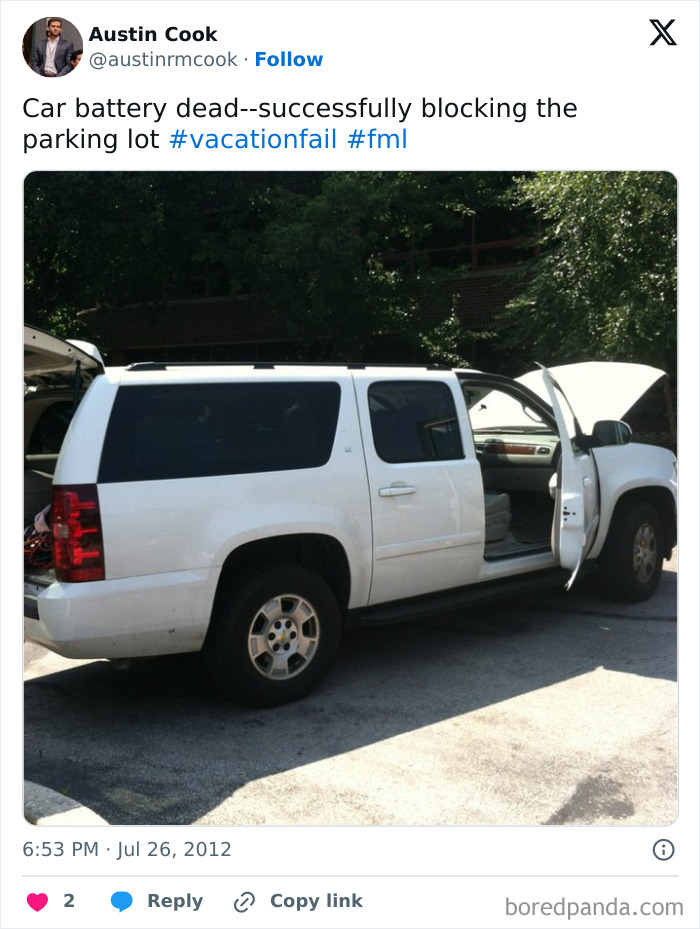 White SUV with open doors and hood, stranded due to dead car battery, an example of worst luck on vacation.