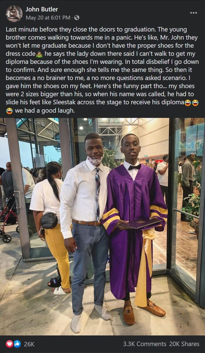 Two young men smiling, one in a graduation gown, sharing a wholesome moment at a graduation event to distract from world horrors.